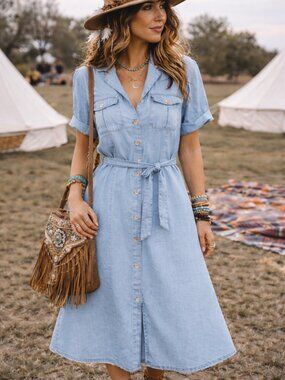Lulus Chambray Button Front Midi Dress Tie Waist Blue NWT Small